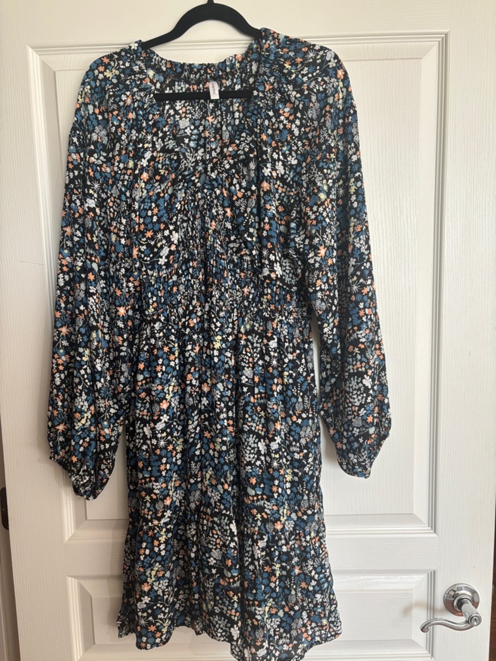 Smocked Floral Mini Dress in Dark Blue